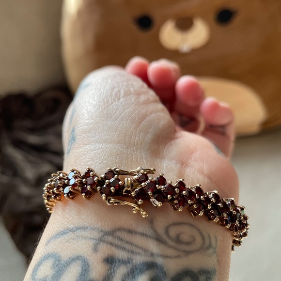 Garnet Ring & Bracelet Set - Vintage 1990's - Sterling Silver Washed Gold Sz 8 - Picture 11 of 12